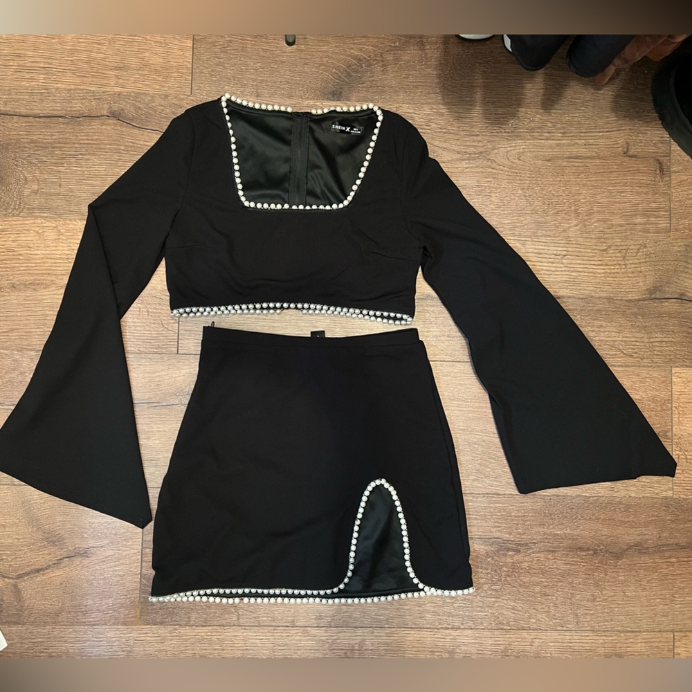Black Long Sleeve Top and Skirt Set with Pearl Trim